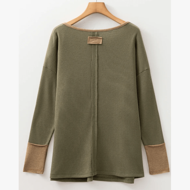 RTS Vineyard Green Color Block Waffle Textured Tunic Henley Top with Slits