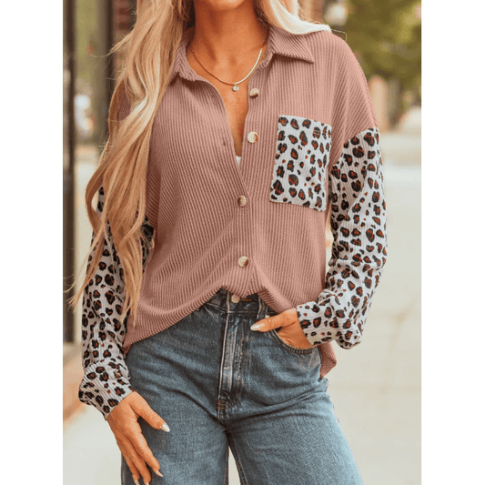 Adeline Dark Khaki Leopard Patched Twisted Ribbed Western Casual Shacket
