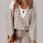 Bertha Khaki Stripe Textured Hooded V Neck Casual Long Sleeve Top