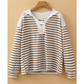Bertha Khaki Stripe Textured Hooded V Neck Casual Long Sleeve Top