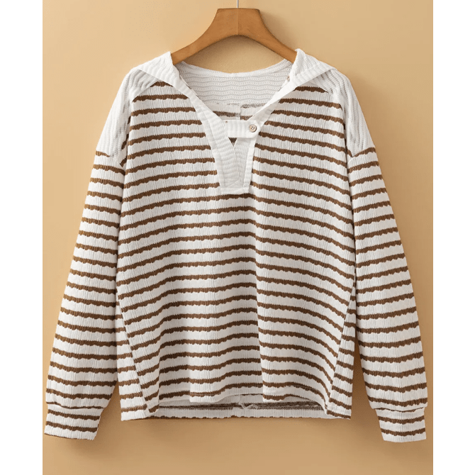 Bertha Khaki Stripe Textured Hooded V Neck Casual Long Sleeve Top