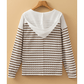 Bertha Khaki Stripe Textured Hooded V Neck Casual Long Sleeve Top