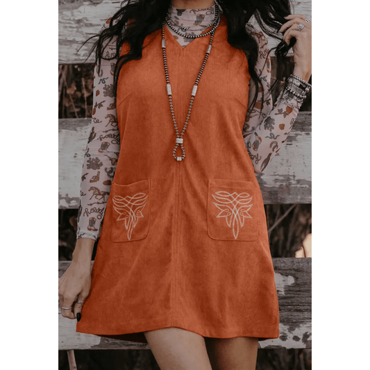 Charlotte Gold Flame Corduroy Western Embroidered Patched Pocket Shift Sleeveless Mini Dress