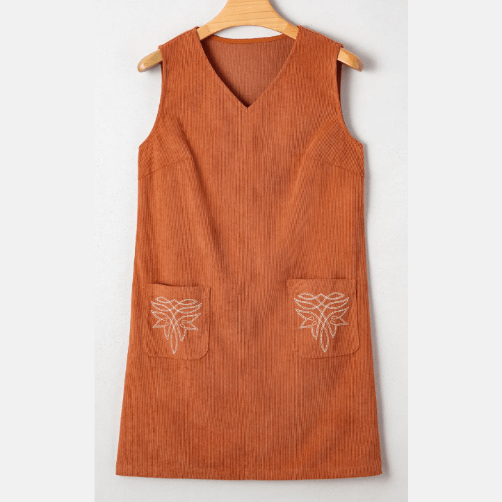 Charlotte Gold Flame Corduroy Western Embroidered Patched Pocket Shift Sleeveless Mini Dress