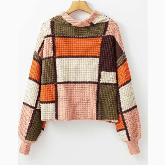 Eryn Orange Color Block Waffle Knit Drawstring Mock Neck Sweater
