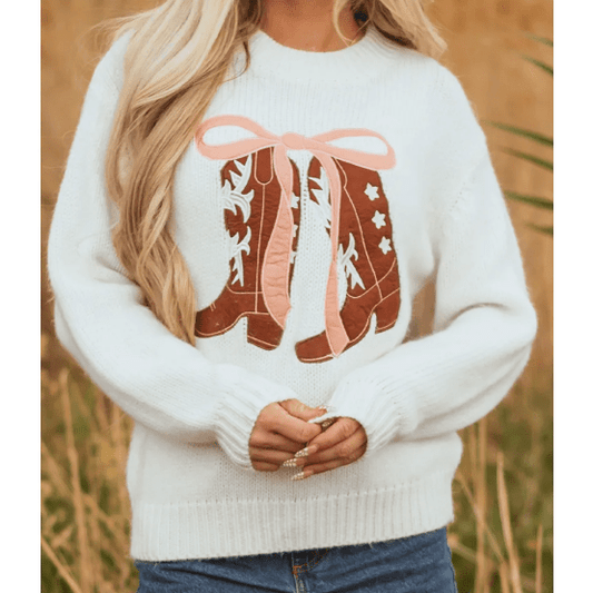 White Embroidered Bow Boots Graphic Drop Shoulder Sweater