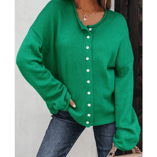 Flora Bright Green Knit Button Drop Shoulder Sweater Cardigan