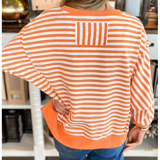 Miley Orange Stripe Exposed Seam Drop Shoulder Casual Pullover Top