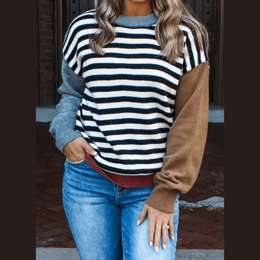 Philippa Striped Panels Colorblock Sleeve Chic Sweater