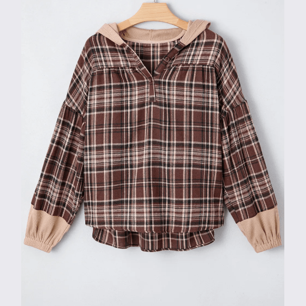 Rayn Brown Plaid Patchwork Long Sleeve Button Hooded Shirt