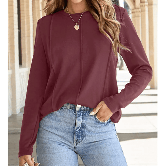 Farzana Red Dahlia Exposed Seam Crew Neck Long Sleeve Top