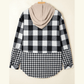 Leila Black Double Plaid Patchwork Drawstring Hooded Shacket