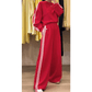 Red Varsity Striped Detail Crewneck Pullover Elastic Sweatpants 2pcs Outfit