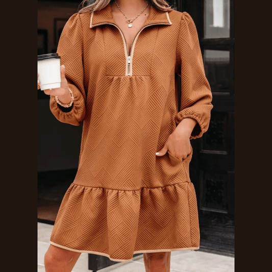 Ophelia Desert Gold Quarter Zip Collar Bracelet Sleeve Textured Mini Dress
