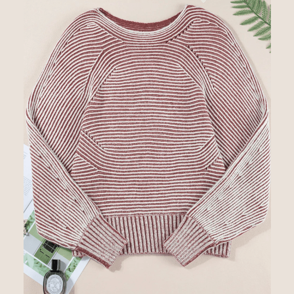 Cari Red Striped Print Ribbed Knit Boat Neck Baggy Sweater