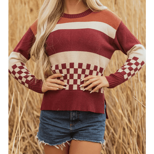 Alina Brown Checkered Color Block Knitted Drop Shoulder Sweater