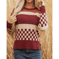 Alina Brown Checkered Color Block Knitted Drop Shoulder Sweater