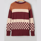 Alina Brown Checkered Color Block Knitted Drop Shoulder Sweater