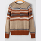 Fernleigh Khaki Aztec Print Colorblock Crew Neck Sweater