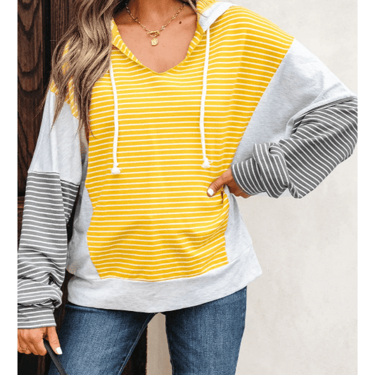 Catherine Yellow Stripe Color Block Drawstring V Neck Loose Fit Hooded Top