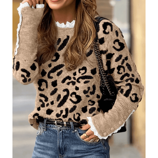 Sariah Brown Leopard Pattern Lace Ribbed Detail Button Cuffed Sweater