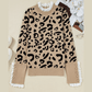 Sariah Brown Leopard Pattern Lace Ribbed Detail Button Cuffed Sweater