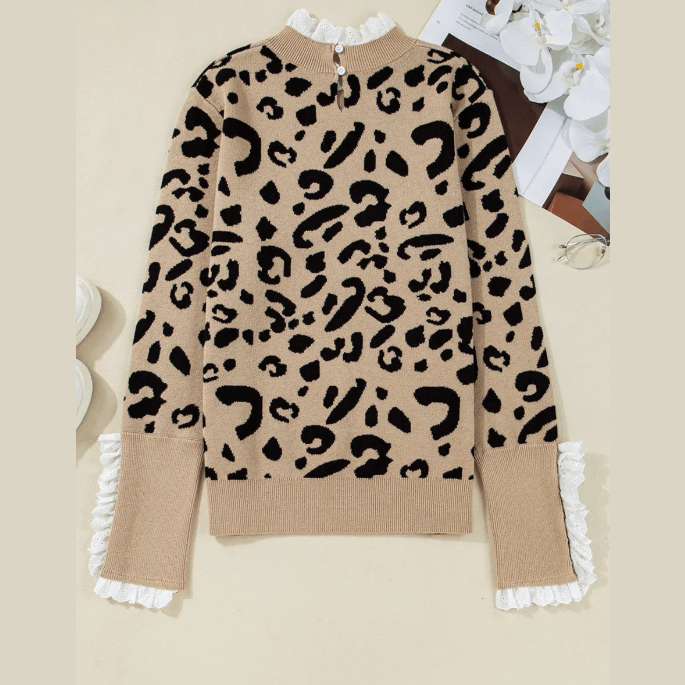 Sariah Brown Leopard Pattern Lace Ribbed Detail Button Cuffed Sweater