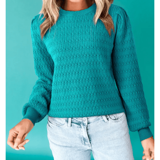 Aurelia Sea Green Pattern Knit Ribbed Cuffs Crew Neck Sweater