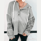 Joleigh Grey Waffle Printed Patchwork Drawstring Hooded Long Sleeve Top