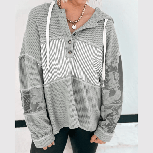 Joleigh Grey Waffle Printed Patchwork Drawstring Hooded Long Sleeve Top