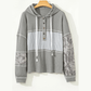 Joleigh Grey Waffle Printed Patchwork Drawstring Hooded Long Sleeve Top