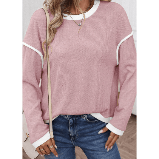 Dayten Pink Contrast Color Trim Knit Drop Shoulder Loose Top