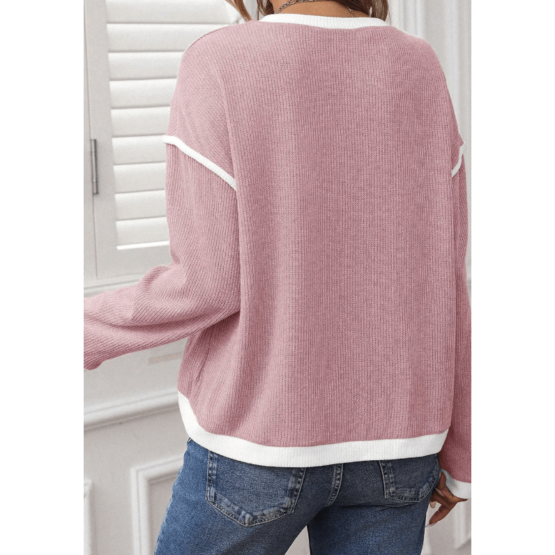 Dayten Pink Contrast Color Trim Knit Drop Shoulder Loose Top