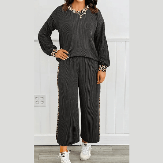 Barby Carbon Grey Twisted Rib Texture Leopard Patchwork Detail 2pcs Pant Set