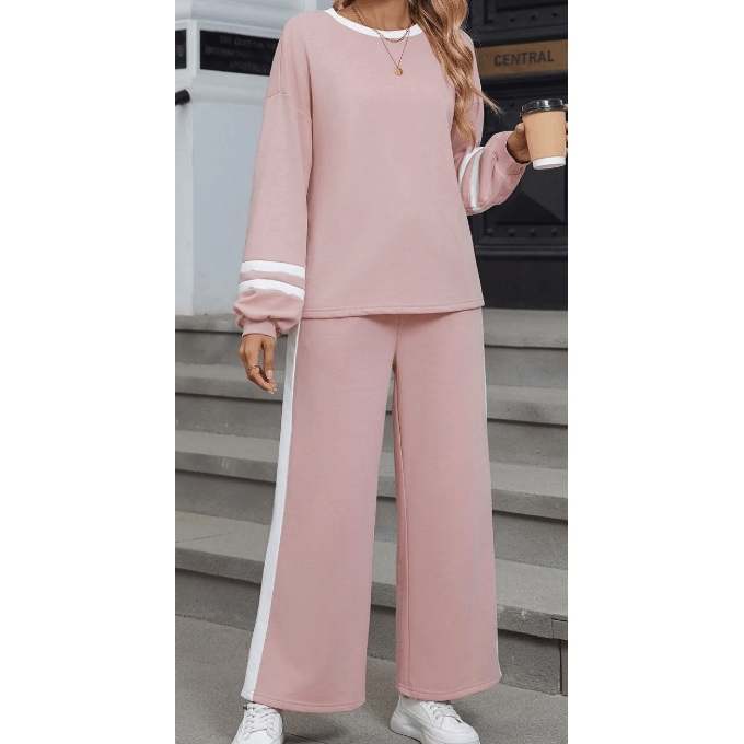 Lassie Pink Varsity Stripe Patchwork Puff Sleeve Pullover Drawstring Wide Leg Pant Set