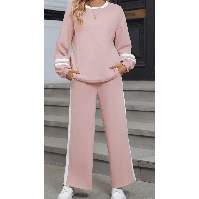Lassie Pink Varsity Stripe Patchwork Puff Sleeve Pullover Drawstring Wide Leg Pant Set
