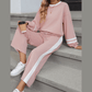Lassie Pink Varsity Stripe Patchwork Puff Sleeve Pullover Drawstring Wide Leg Pant Set