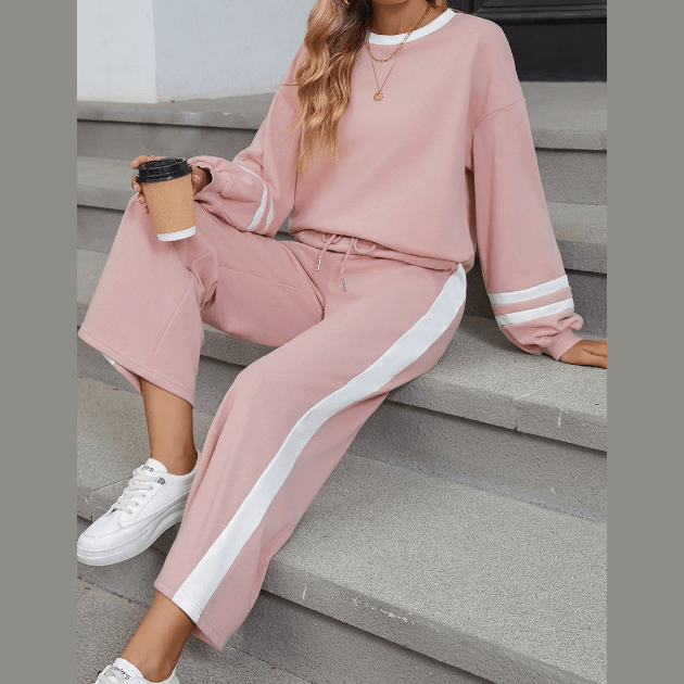 Lassie Pink Varsity Stripe Patchwork Puff Sleeve Pullover Drawstring Wide Leg Pant Set