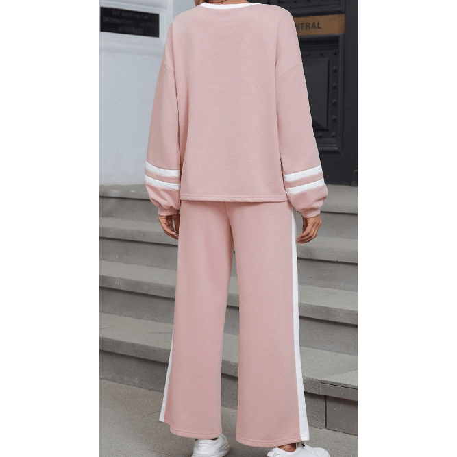 Lassie Pink Varsity Stripe Patchwork Puff Sleeve Pullover Drawstring Wide Leg Pant Set