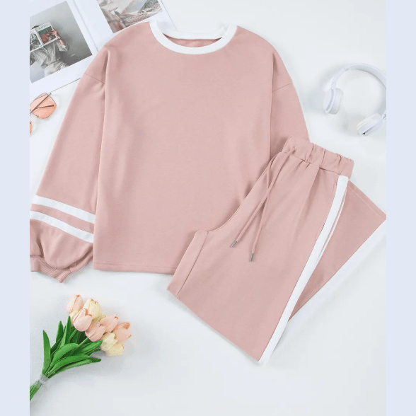 Lassie Pink Varsity Stripe Patchwork Puff Sleeve Pullover Drawstring Wide Leg Pant Set