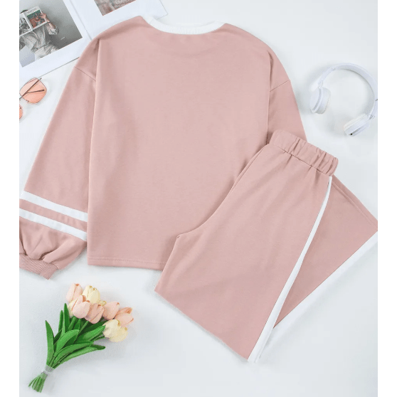 Lassie Pink Varsity Stripe Patchwork Puff Sleeve Pullover Drawstring Wide Leg Pant Set