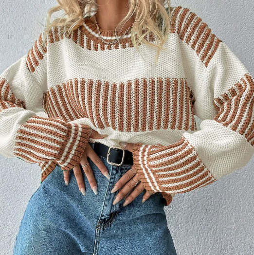 Alexee Khaki Two Tone Striped Patchwork Drop Shoulder Loose Sweater