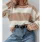 Alexee Khaki Two Tone Striped Patchwork Drop Shoulder Loose Sweater