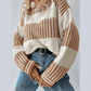 Alexee Khaki Two Tone Striped Patchwork Drop Shoulder Loose Sweater