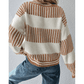 Alexee Khaki Two Tone Striped Patchwork Drop Shoulder Loose Sweater