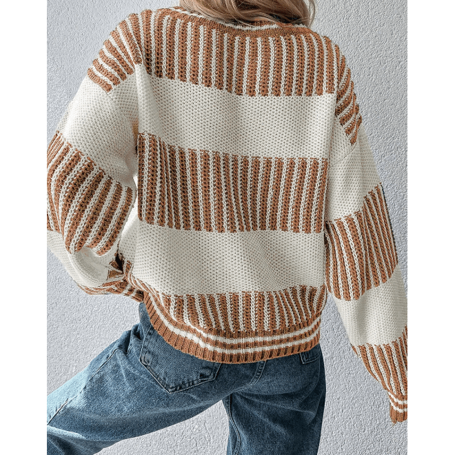 Alexee Khaki Two Tone Striped Patchwork Drop Shoulder Loose Sweater