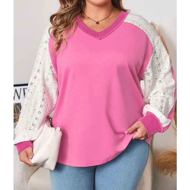 Benica Bonbon Pink Lace Striped Patchwork Long Sleeve Corded V Neck PLUS SIZE Top