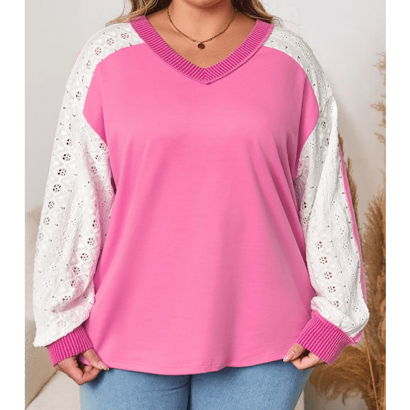 Benica Bonbon Pink Lace Striped Patchwork Long Sleeve Corded V Neck PLUS SIZE Top