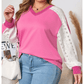 Benica Bonbon Pink Lace Striped Patchwork Long Sleeve Corded V Neck PLUS SIZE Top