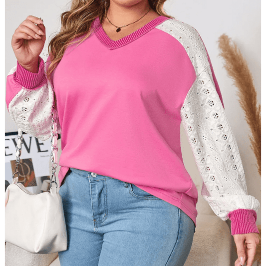 Benica Bonbon Pink Lace Striped Patchwork Long Sleeve Corded V Neck PLUS SIZE Top